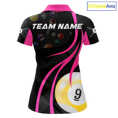 Pink 8 ball and 9 ball billiard polo shirt for women with custom pool team graphics.
