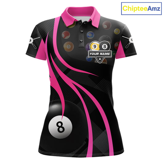 Pink 8 ball and 9 ball billiard polo shirt for women with custom pool team graphics.