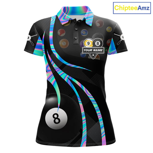 Holographic 8 ball and 9 ball billiard polo shirt for women with custom pool team graphics.