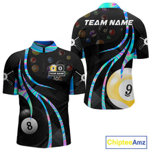Load image into Gallery viewer, Holographic 8 ball and 9 ball billiard quarter zip shirt for men built for league play and tournaments.