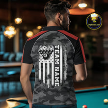 Load image into Gallery viewer, Back view of man wearing a grey camo American flag pool shirt in a billiards hall.