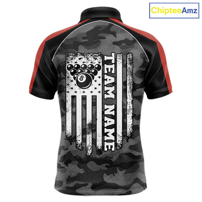 Grey camouflage American flag 8 ball billiard polo shirt for men with custom pool team graphics.