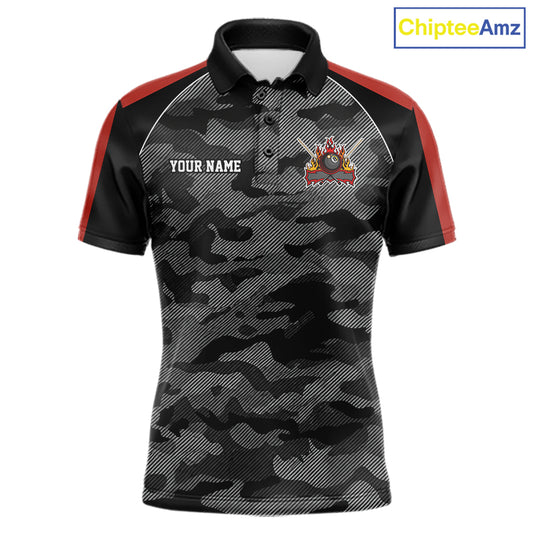 Grey camouflage American flag 8 ball billiard polo shirt for men with custom pool team graphics.