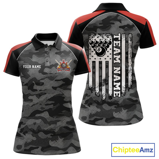 Grey camouflage American flag 8 ball billiard polo shirt for women with custom pool team graphics.