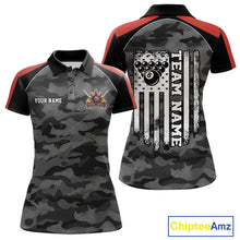 Load image into Gallery viewer, Grey camouflage American flag 8 ball billiard polo shirt for women with custom pool team graphics.