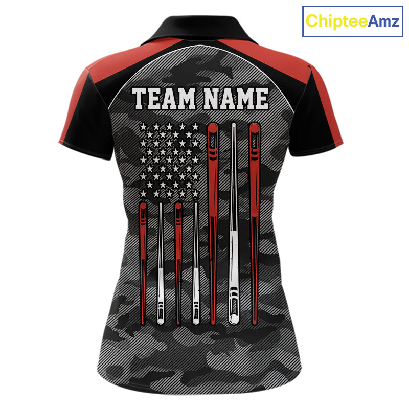 Red camouflage American flag 8 ball billiard polo shirt for women with custom pool team graphics.