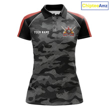 Load image into Gallery viewer, Red camouflage American flag 8 ball billiard polo shirt for women with custom pool team graphics.