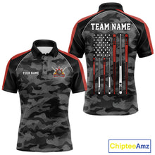 Load image into Gallery viewer, Red camouflage American flag 8 ball billiard polo shirt for men with custom pool team graphics.