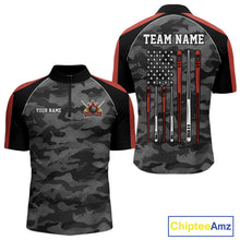 Load image into Gallery viewer, Red camouflage American flag 8 ball billiard quarter zip shirt for men built for tournaments and league competition.
