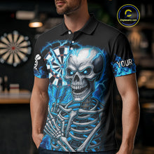 Load image into Gallery viewer, Blue Flaming Lightning Skeleton Darts Shirt For Men Custom Darts Jersey Team Polo &amp; Quarter Zip TDM4344