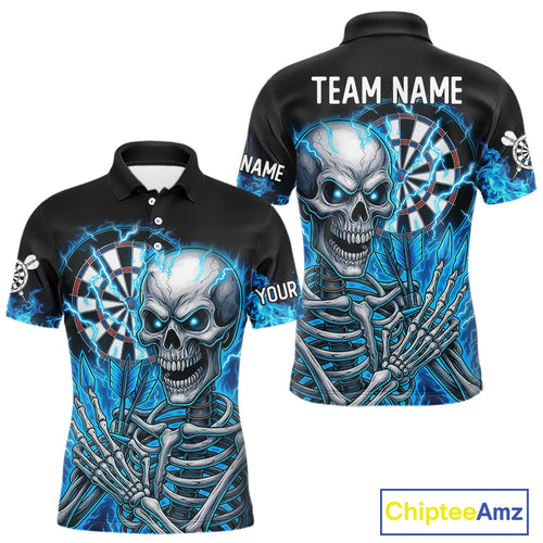Blue Flaming Lightning Skeleton Darts Shirt For Men Custom Darts Jersey Team Polo & Quarter Zip TDM4344