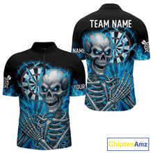 Load image into Gallery viewer, Blue Flaming Lightning Skeleton Darts Shirt For Men Custom Darts Jersey Team Polo &amp; Quarter Zip TDM4344