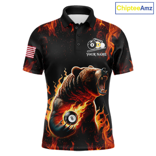 Custom funny bear 8 ball and 9 ball pool fire flame billiard team jersey polo shirt for men featuring a colorful flaming bear design, premium custom pool league apparel for tournaments.