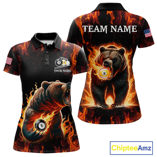 Custom funny bear 8 ball and 9 ball pool fire flame billiard team jersey polo shirt for women featuring a colorful flaming bear design, premium custom pool league apparel for tournaments.
