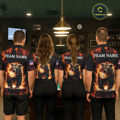 Billiard team wearing matching custom funny bear 8 ball and 9 ball fire flame pool jerseys featuring the vibrant bear design, back view.