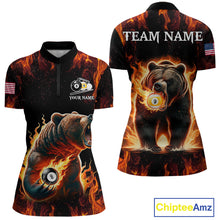 Load image into Gallery viewer, Custom funny bear 8 ball and 9 ball pool fire flame billiard team jersey quarter zip shirt for women featuring vibrant fire bear artwork and premium league styling.