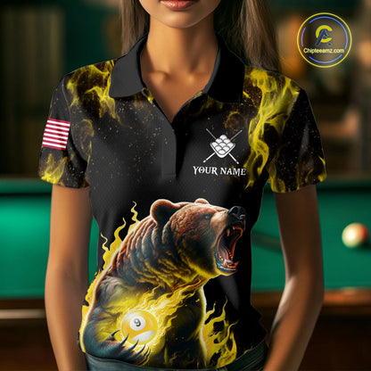 Woman wearing custom yellow flaming 9 ball pool bear billiard team jersey polo shirt featuring the fiery bear artwork, front view.