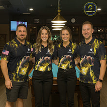 Load image into Gallery viewer, Billiard team wearing matching custom yellow flaming 9 ball pool bear team jerseys featuring the bold fire bear design, front view.