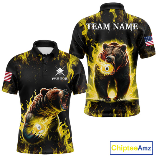Custom yellow flaming 9 ball pool bear billiard team jersey polo shirt for men featuring a fierce bear with blazing flame artwork, premium pool league apparel for tournaments and competitive play.