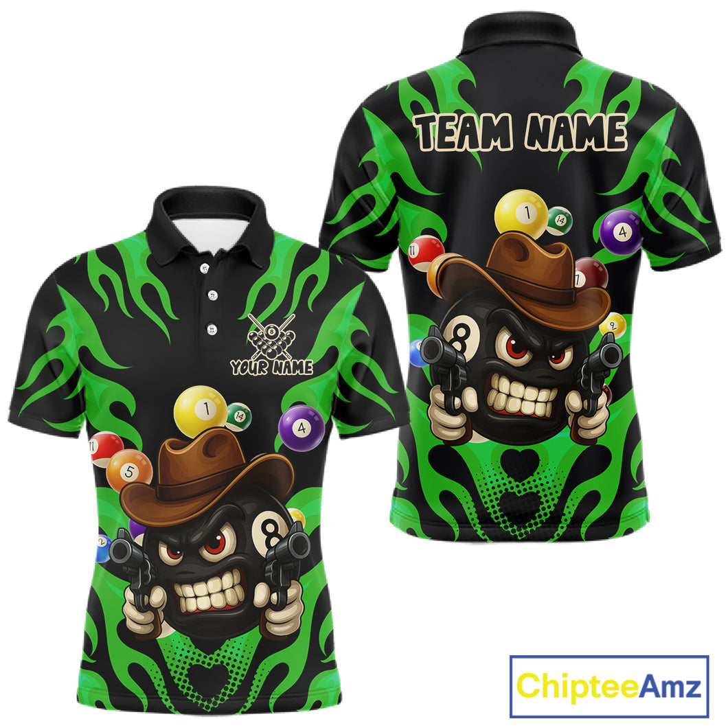 Personalized Green Funny Flame 8 Ball Billiard Shirt For Men Custom Pool Team Jersey Polo, 1/4 Zip TDM4985
