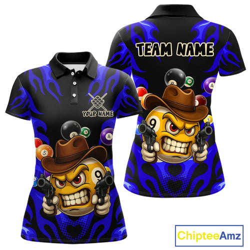 Personalized Blue Funny Flame 9 Ball Billiard Shirt For Women Custom Pool Team Jersey Polo & 1/4 Zip TDM4987