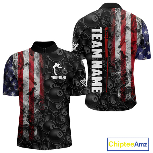 Personalized Smoke American Flag 8 Ball Billiard Shirts For Men Custom Patriotic Pool Team Jerseys TDM5430