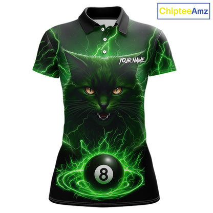 Green 8 Ball Thunder Lightning Cat Billiard Shirt For Women Custom Pool Team Jersey Polo & 1/4 Zip TDM5696