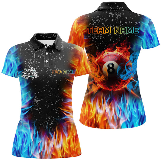 Personalized Billiard Fire And Water 3D Printed Women Polo Shirts, Grunge 8 Ball Pool Shirts For Team TDM1088