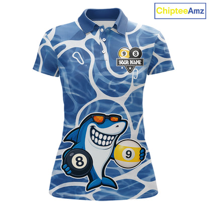 Blue Funny Shark 8 Ball & 9 Ball Billiard Shirt For Women Custom Pool Team Jersey Polo & 1/4 Zip TDM6056