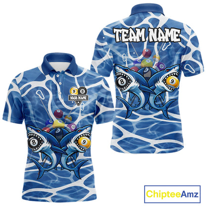 Blue Funny Shark 9 Ball & 8 Ball Billiard Shirt For Men Custom Pool Team Jersey Polo & 1/4 Zip TDM6057