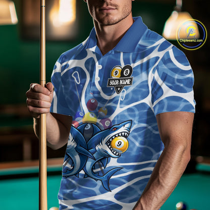 Blue Funny Shark 9 Ball & 8 Ball Billiard Shirt For Men Custom Pool Team Jersey Polo & 1/4 Zip TDM6057