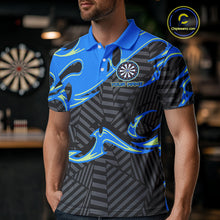 Load image into Gallery viewer, Custom Black And Blue Tribal Flame Dart Shirts For Men, Darts Team Jerseys Polo &amp; Quarter Zip TDM3970