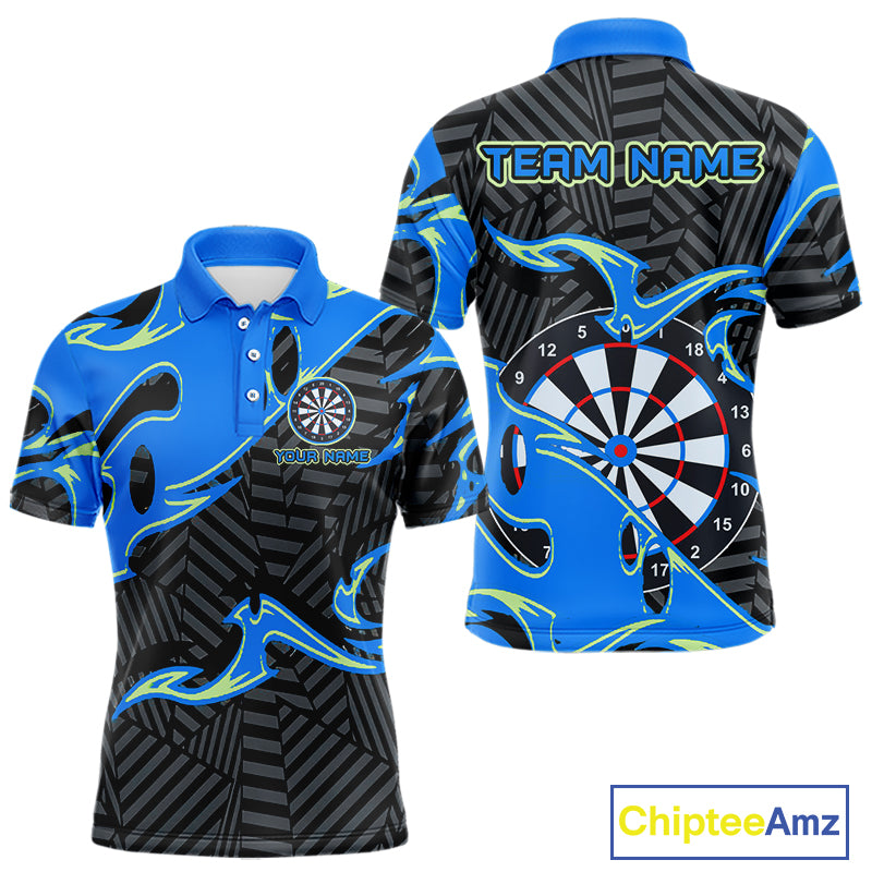 Custom Black And Blue Tribal Flame Dart Shirts For Men, Darts Team Jerseys Polo & Quarter Zip TDM3970