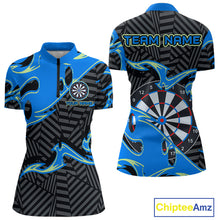 Load image into Gallery viewer, Custom Black And Blue Tribal Flame Dart Shirts For Women, Darts Team Jerseys Polo &amp; Quarter Zip TDM3970