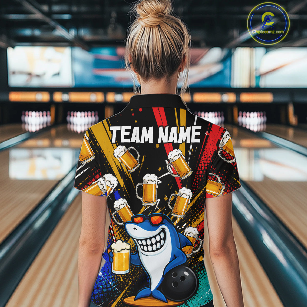 Colorful Graffiti Funny Shark And Beer Bowling Polo, 1/4 Zip For Women Custom Bowling Team Jersey TDM6488
