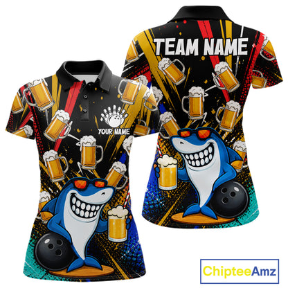 Colorful Graffiti Funny Shark And Beer Bowling Polo, 1/4 Zip For Women Custom Bowling Team Jersey TDM6488