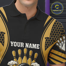 Load image into Gallery viewer, Close Up Of Black And Gold Tribal Beer Bowling Polo Shirt Collar Chest And Button Details