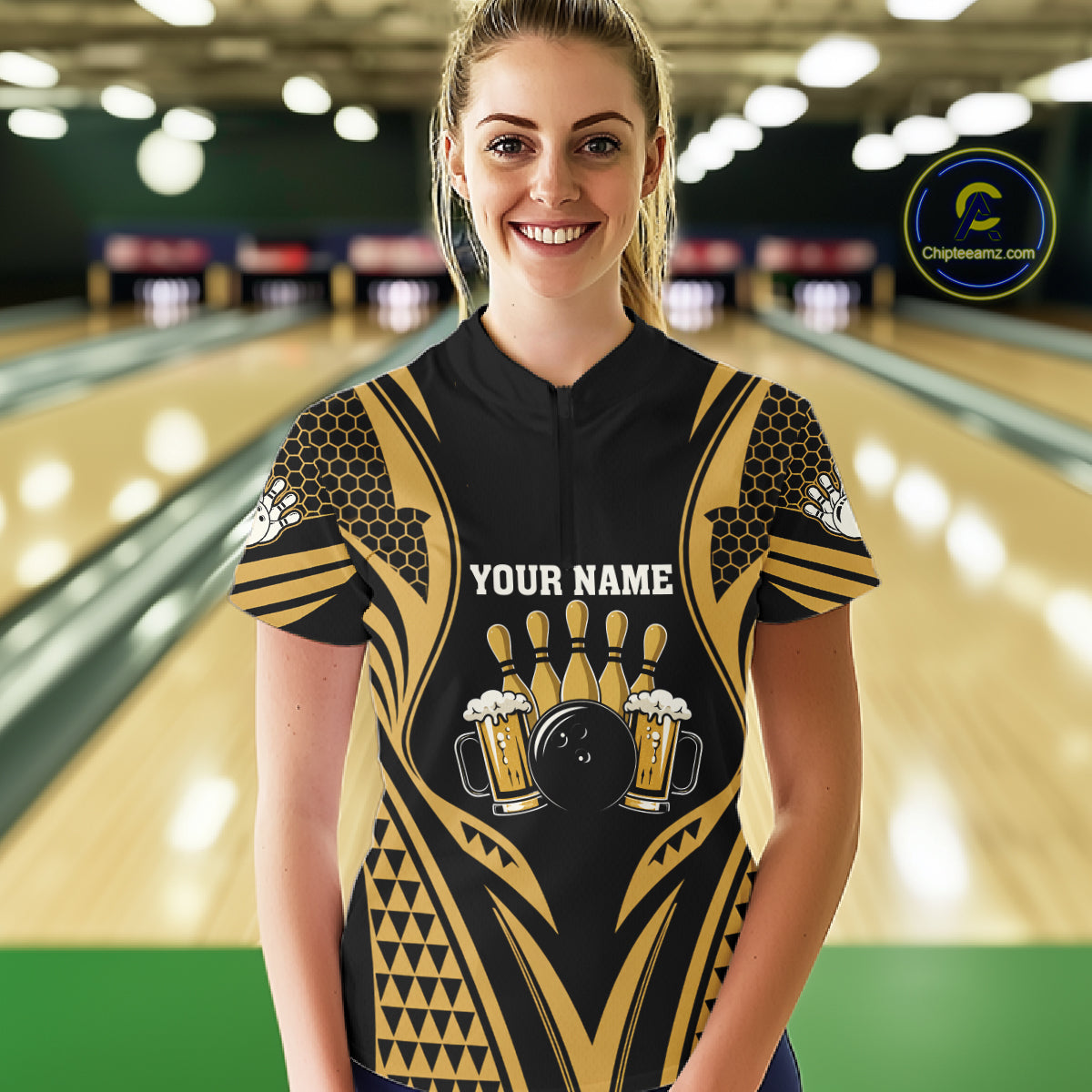 Woman Wearing Black And Gold Tribal Beer Bowling Quarter Zip Shirt Front View Custom Bowling Jersey