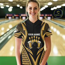 Load image into Gallery viewer, Woman Wearing Black And Gold Tribal Beer Bowling Quarter Zip Shirt Front View Custom Bowling Jersey