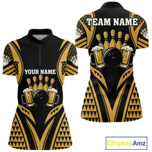 Load image into Gallery viewer, Black And Gold Tribal Beer Bowling Quarter Zip Shirt For Women Custom Bowling Team Jersey