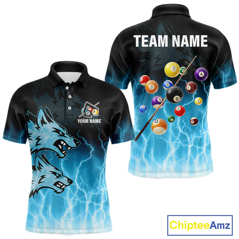 Custom Billiard Shirt For Men –  Blue Thunder Lightning Wolf Pool Balls Team Jersey Polo & 1/4 Zip TDM4558