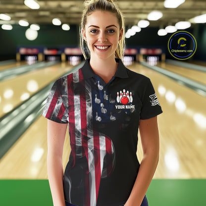 Personalized Smoke American Flag Bowling Jersey For Women Custom Patriotic Bowling Team Shirts TDM7213