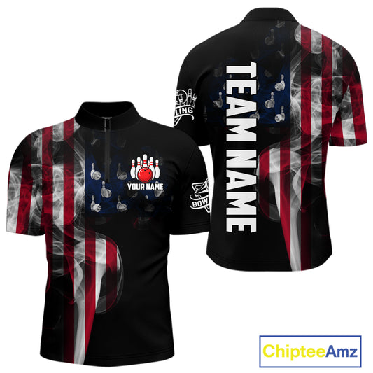 Personalized Smoke American Flag Bowling Jersey For Men Custom Patriotic Bowling Team Shirts TDM7213