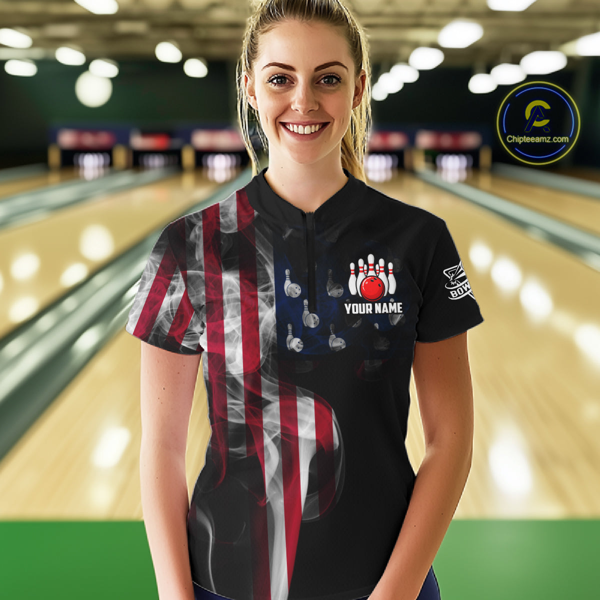 Personalized Smoke American Flag Bowling Jersey For Women Custom Patriotic Bowling Team Shirts TDM7213