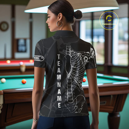 White Skeleton Custom Black Grunge Billiard Shirts For Women, Funny Billiard Jerseys Short Sleeve TDM2723