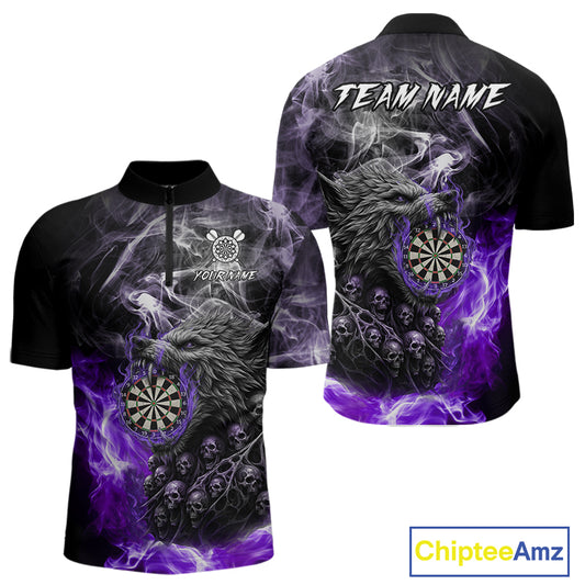 Personalized Wolf And Skull Smoke Purple Mens Dart Shirts Custom Dart Jerseys Team Polo & 1/4 Zip TDM5184