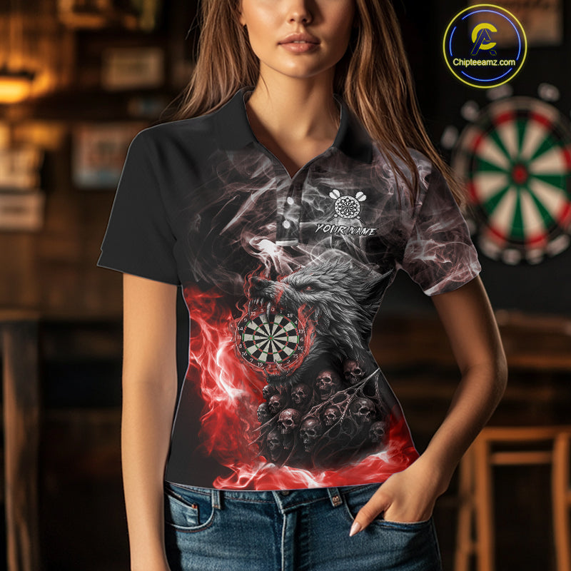 Personalized Wolf And Skull Smoke Red Womens Dart Shirts Custom Dart Jerseys Team Polo & 1/4 Zip TDM5185