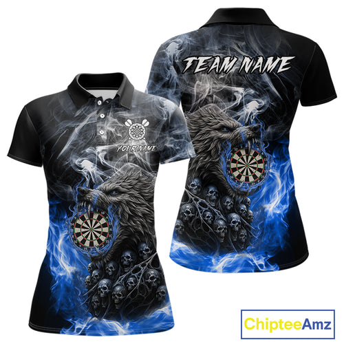 Personalized Wolf And Skull Smoke Blue Womens Dart Shirts Custom Dart Jerseys Team Polo & 1/4 Zip TDM5186