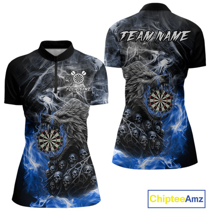 Personalized Wolf And Skull Smoke Blue Womens Dart Shirts Custom Dart Jerseys Team Polo & 1/4 Zip TDM5186