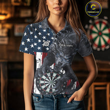 Load image into Gallery viewer, Personalized Grunge American Flag Wolf Darts Shirt For Women, Patriotic Dart Team Jerseys TDM5187